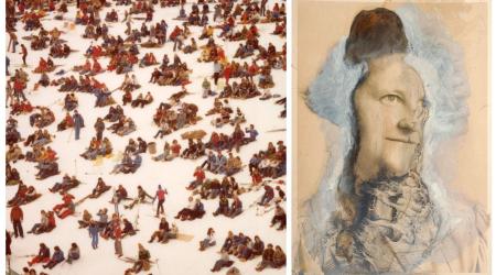 Left: William Dekur, Grouse 22 “Labatt's 79”, 1979, inkjet print, courtesy of MONOVA Right: Angela Grossmann, Untitled, 2010, oil on vintage carte de visite, courtesy of Equinox Gallery